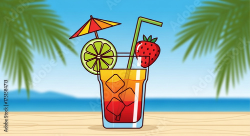 Invigorating tropical cocktail on a sandy beach with palm trees, adorned with lime and strawberry