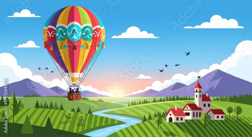 A vibrant hot air balloon ascends over a picturesque countryside at dawn, with rolling hills, a winding river, and charming village houses