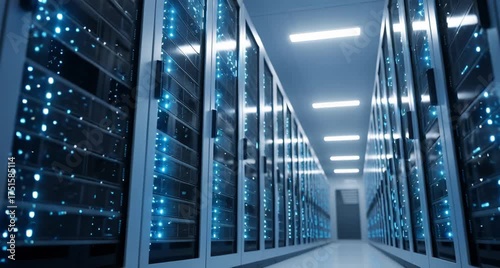 A futuristic data center hallway with rows of glowing blue server racks, representing advanced technology and digital infrastructure animated 4k video