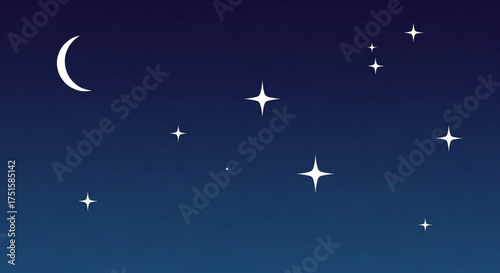 A serene night sky with a crescent moon and twinkling stars creates a peaceful and dreamy atmosphere, perfect for bedtime stories and celestial dreams