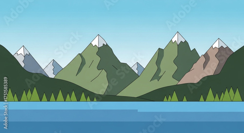 Scenic mountain landscape with a serene lake, lush green forests, and snowcapped peaks under a clear blue sky, creating a peaceful and picturesque scene