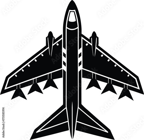 Black airplanes top view. Military jet fighter silhouette icons Strategic Military Power Modern Fighter Jet Soaring in Black Illustration