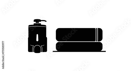 Black silhouette of a soap dispenser and two rolled towels, bathroom essentials.
