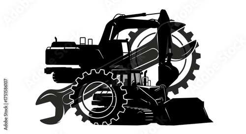 Excavator repair service with wrench and gears.