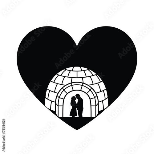Black heart silhouette with couple inside igloo love