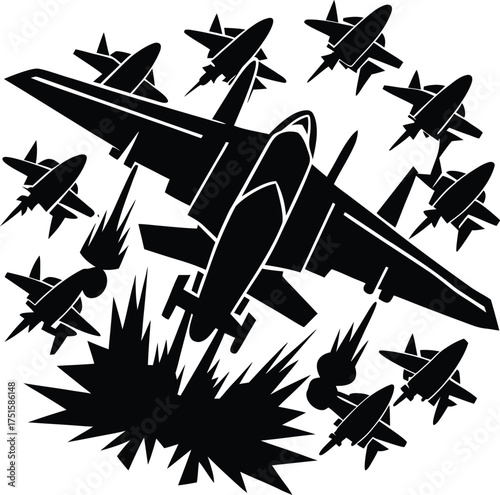 Black airplanes top view. Military jet fighter silhouette icons Strategic Military Power Modern Fighter Jet Soaring in Black Illustration