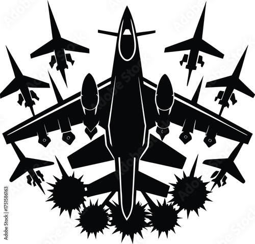 Black airplanes top view. Military jet fighter silhouette icons Strategic Military Power Modern Fighter Jet Soaring in Black Illustration