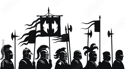 Medieval Army Silhouette with Flags and Weapons.