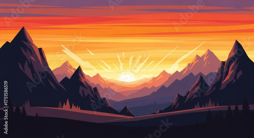 A stunning sunset bathes the mountain range in warm light, creating a picturesque scene with dramatic shadows and a sense of tranquility and wonder