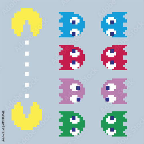 vector illustration of a funny cartoon set of pixel icons 