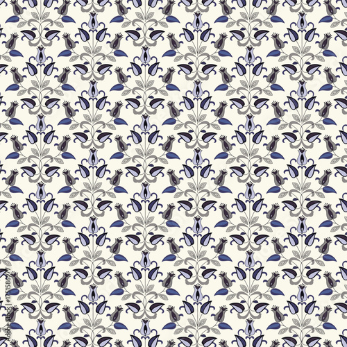 Elegant seamless pattern with stylized tulip flowers inspired by Turkish and folk art. A sophisticated floral damask design in shades of blue and grey. Ideal for luxury textiles and wallpaper. Vector