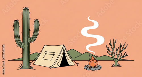 A cozy desert camping scene with a tent, campfire, and saguaro cactus under a warm sky, evoking a sense of adventure and tranquility in the arid landscape