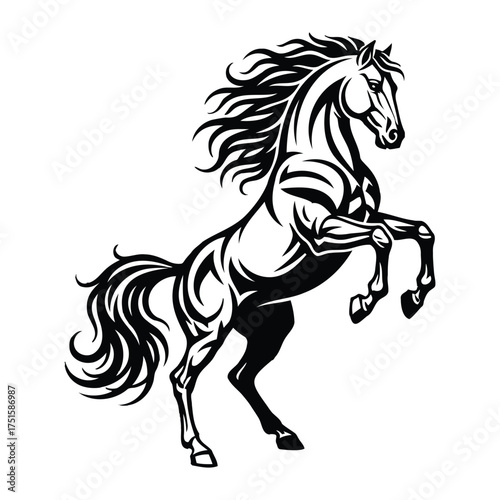A dynamic black and white illustration of a rearing horse with flowing mane and tail on a clean white background.