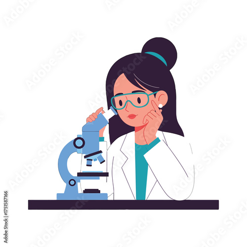 Illustration of a scientist examining a sample through a microscope with a thoughtful expression in a laboratory setting.