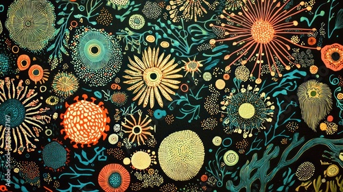 A vibrant, abstract painting featuring a multitude of colorful, organic shapes and patterns on a dark background.