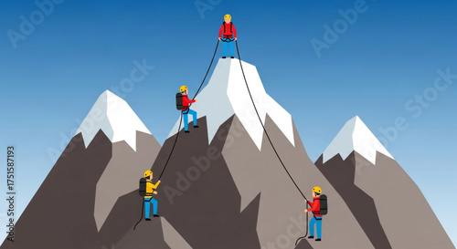 A team of mountaineers ascends a snowcapped mountain, illustrating teamwork, challenge, and the thrill of conquering a formidable peak