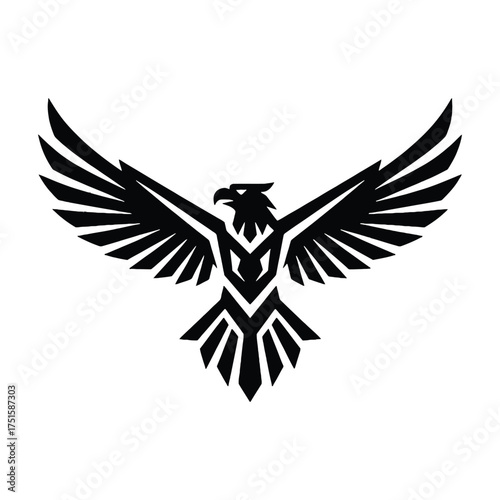 Black silhouette of an eagle with outstretched wings on a white background.