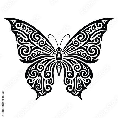 Intricate black butterfly silhouette with swirling patterns on white background