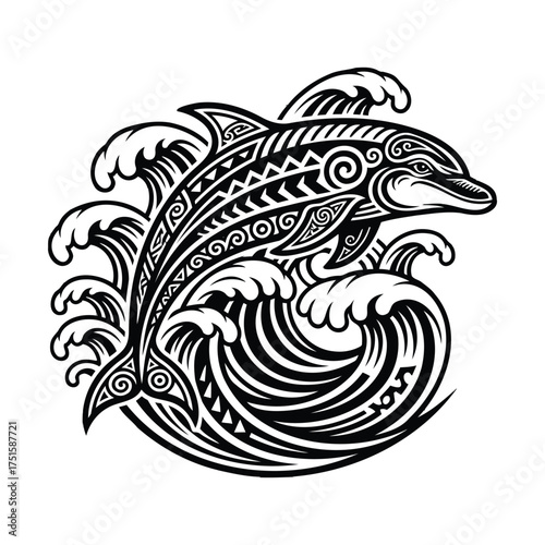 Vector illustration of a dolphin jumping out of tribal wave on white background