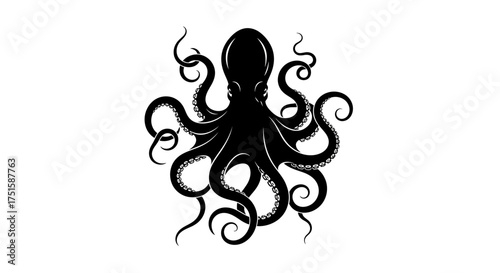 Stylized Black Octopus Silhouette on White Background.