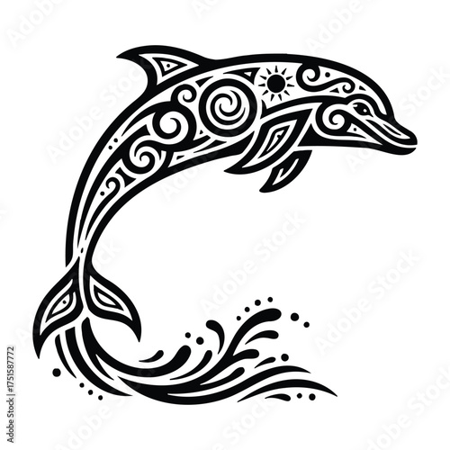 Vector illustration of a dolphin with tribal tattoo design swimming in water
