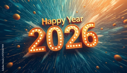 Warm Orange Illuminated Happy Year 2026 3D Text with Dynamic Blue Burst Background