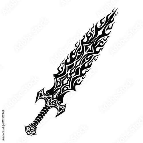 Detailed illustration of a fantasy sword with tribal patterns on a white background
