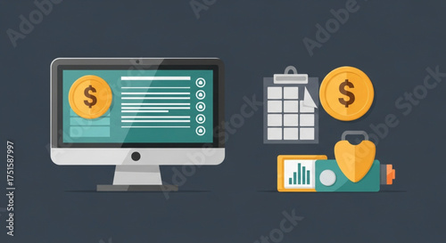 Financial planning and investment strategy concept with computer, clipboard, and health tracker, illustrating money management and economic growth