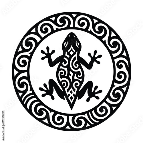 Black and white tribal frog design on a circular patterned background
