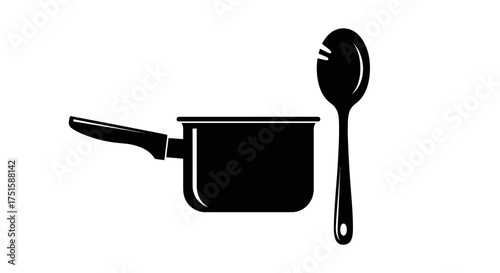 Black saucepan and slotted spoon isolated on white background.