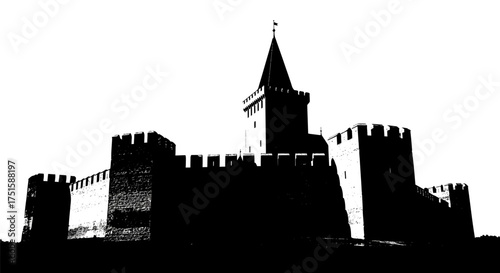 Dramatic Silhouette of an Ancient Medieval Castle Against a White Sky.