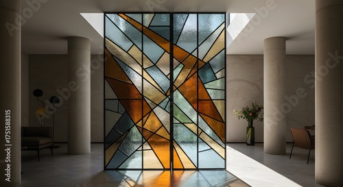 Modern Geometric Stained Glass Room Divider with Natural Light