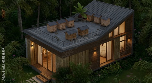 Modern Eco-Friendly House with Beehives on Roof