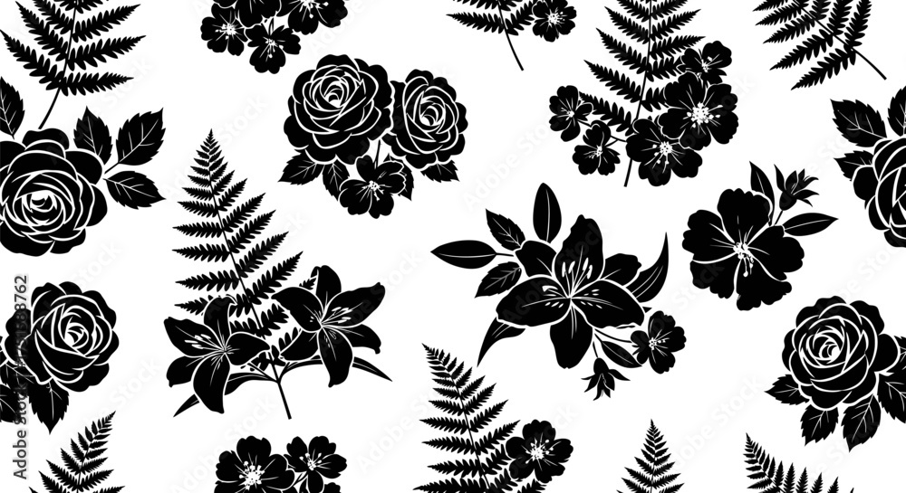Fototapeta premium Floral Pattern with Roses and Ferns in Black and White.