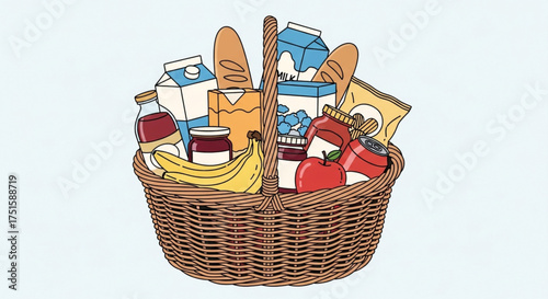 Wicker basket full of food products like bread, milk, juice, jam, banana, apple, and snack