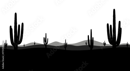 Desert landscape silhouette with saguaro cacti and mountains.
