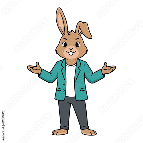Cartoon rabbit wearing a teal blazer and gesturing with hands on a white background