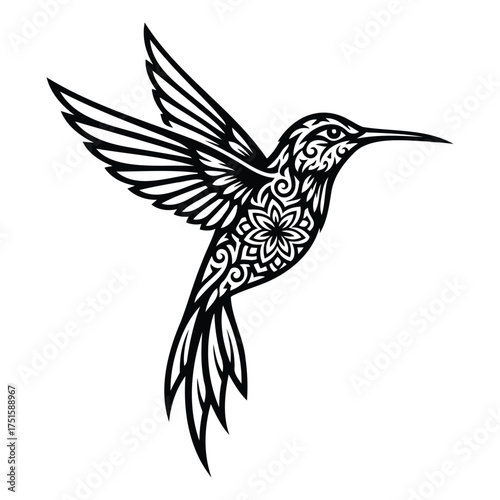 Black and white illustration of a hummingbird in flight with ornate tribal tattoo designs on its body against a clean white background.