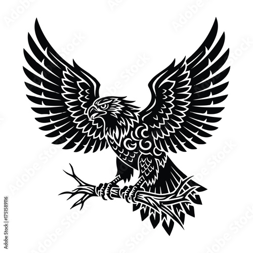 Detailed black and white illustration of an eagle perched on a branch with outstretched wings against a clean white background.