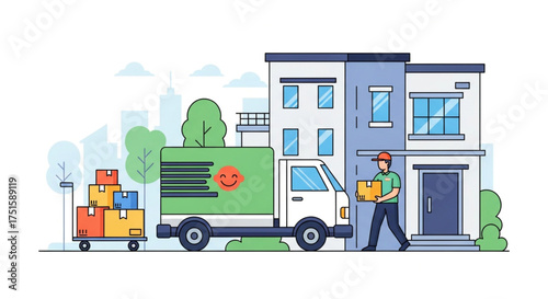 Delivery service with truck and boxes concept of shipping, logistics, and transportation for business