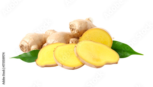 Ginger root and slices with green leaves arranged in a pile, close up view, on transparent and white background