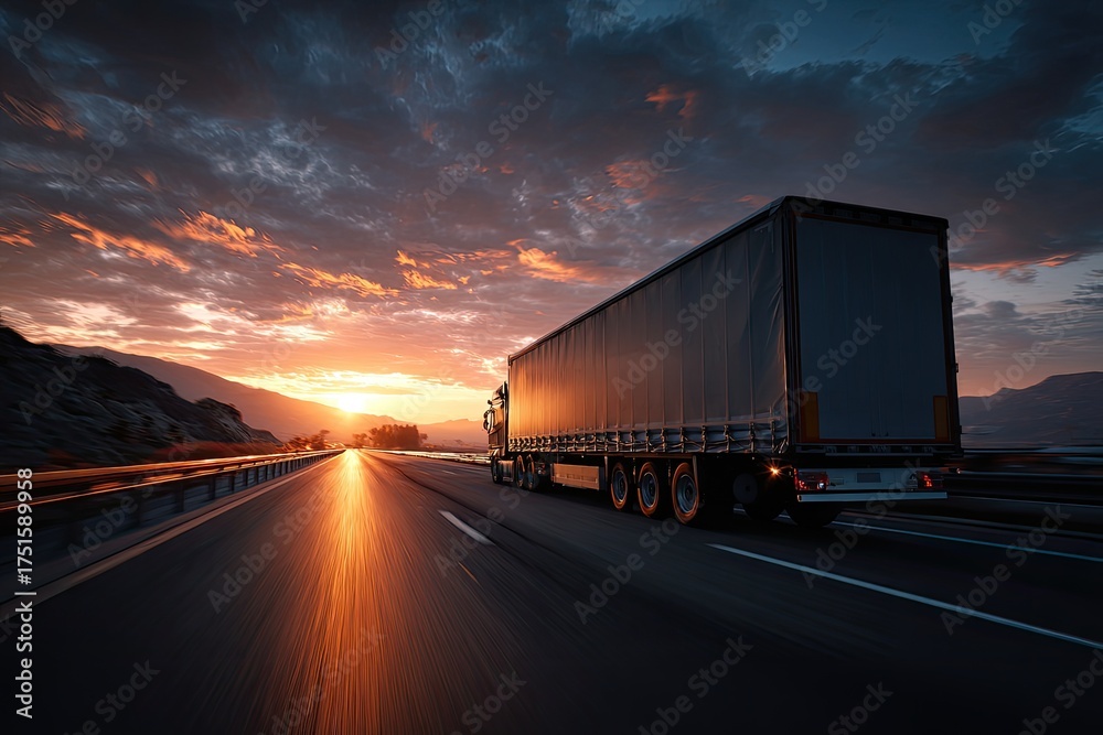 Obraz premium Truck on highway at sunset