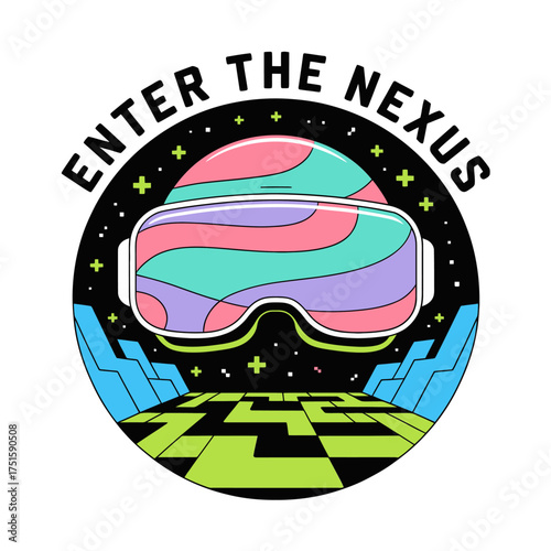 enter the nexus theme, neon vr goggles, surreal landscape reflection, sci fi portal, immersive gaming vector art