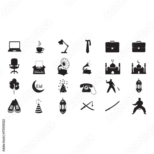 Collection of various black and white silhouette icons isolated on white background, representing office supplies, religious symbols, and recreational activities