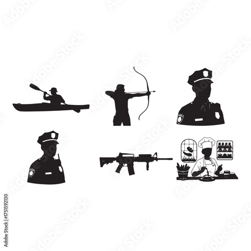 Illustration featuring silhouettes of various professions and hobbies isolated on white background, including police officer, chef, archer, kayaker, and rifleman