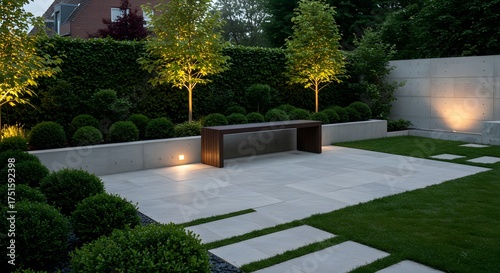 Modern Landscaped Garden with Bench and Lighting