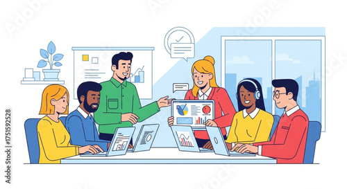 A diverse team collaborates in a modern office, reviewing data on laptops and tablets, with a leader guiding the discussion in a bright, collaborative space