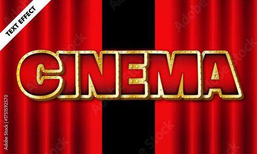 Cinema editable text effect, marquee style gold typography, movie theater title design, red curtain theatre headline