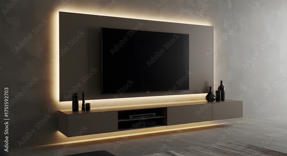 Fototapeta premium Modern Living Room Interior with TV and Ambient Lighting