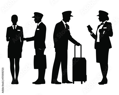 Black silhouettes of airline staff in uniform with luggage pilot flight attendant